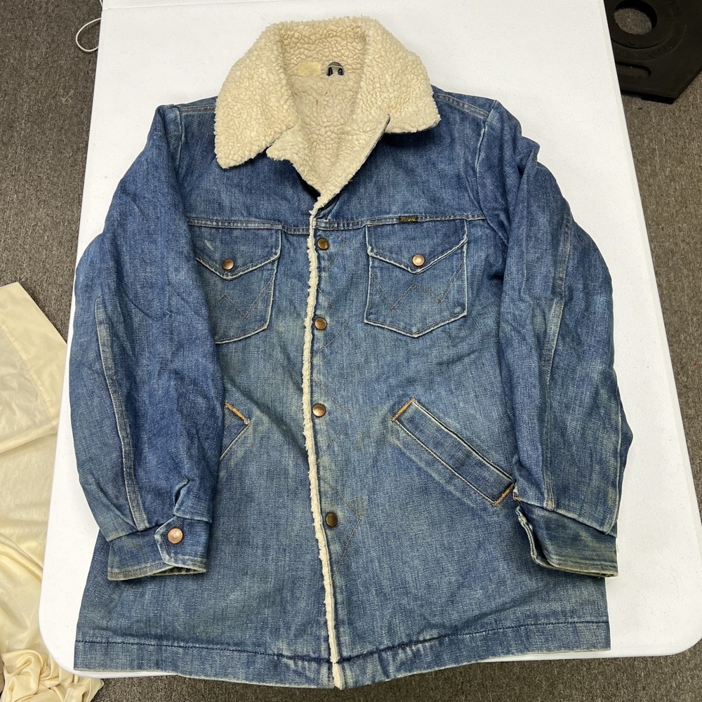 Wrangler Denim Ranch Coat Mens L Blue Sherpa Lined Vintage Barn Jacket